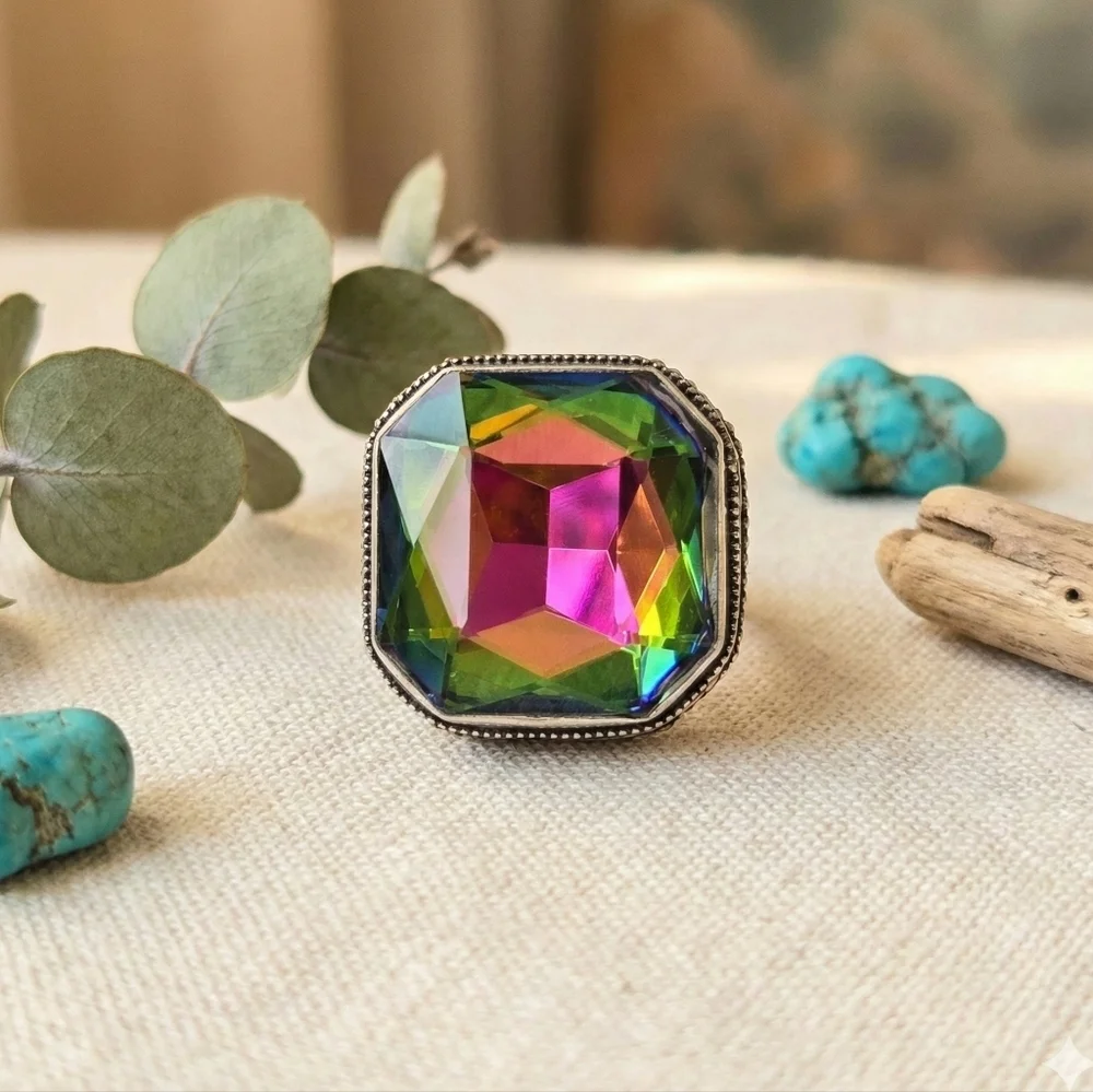 925 Sterling Silver Rainbow Crystal Statement Ring Size 10 Dark Romance Mob Wife
